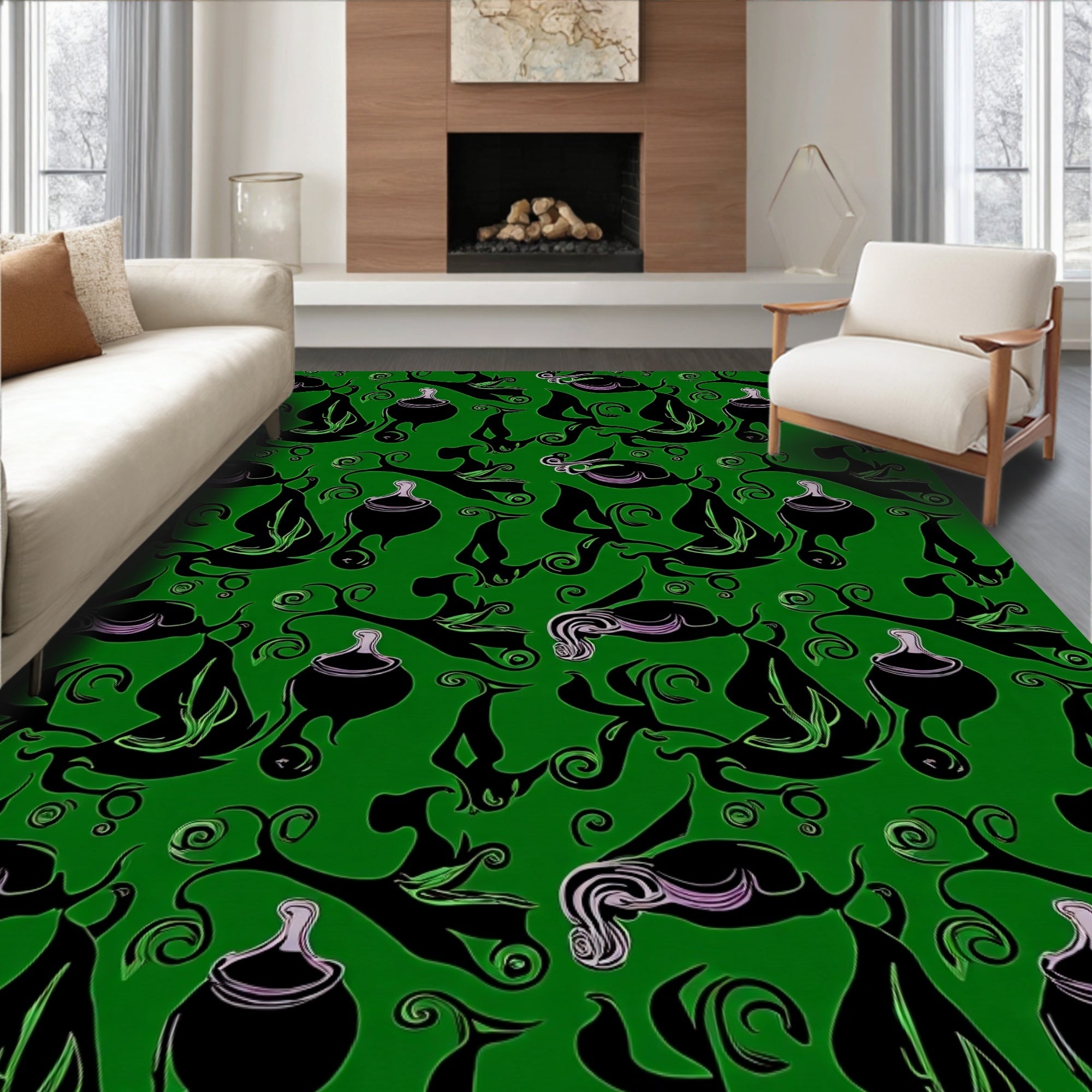 Whimsical Black Swirl Cauldron Garden Rug