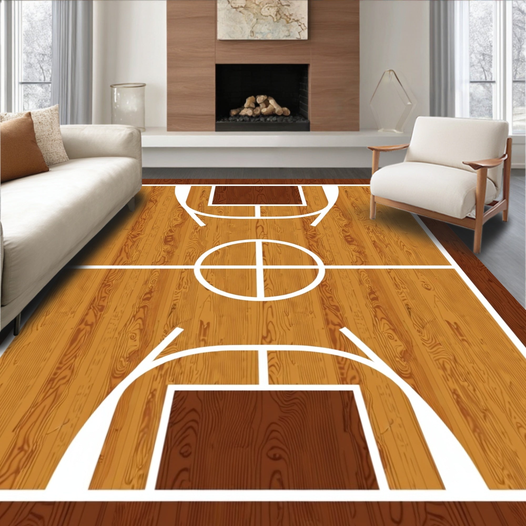 Wooden Basketball Court Arena Rug