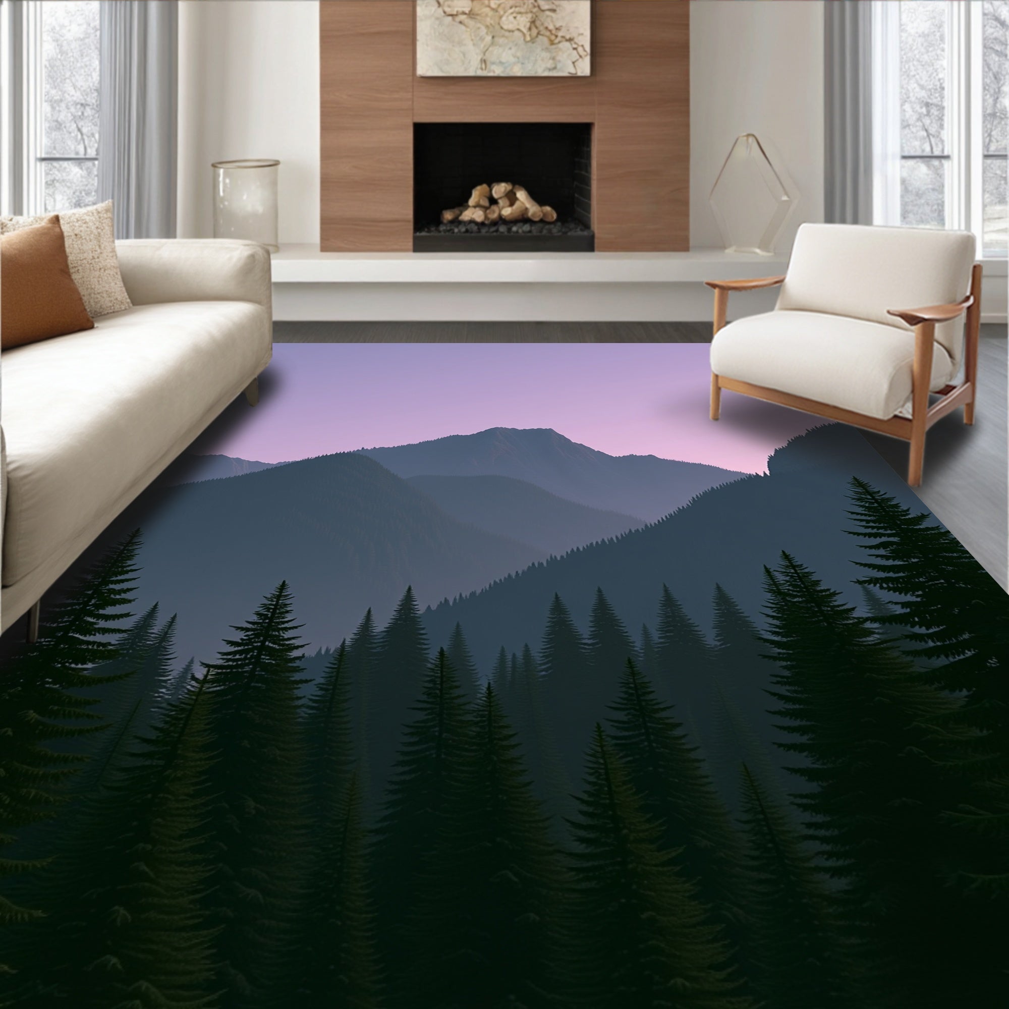 Misty Mountain Pine Forest Sunset Rug