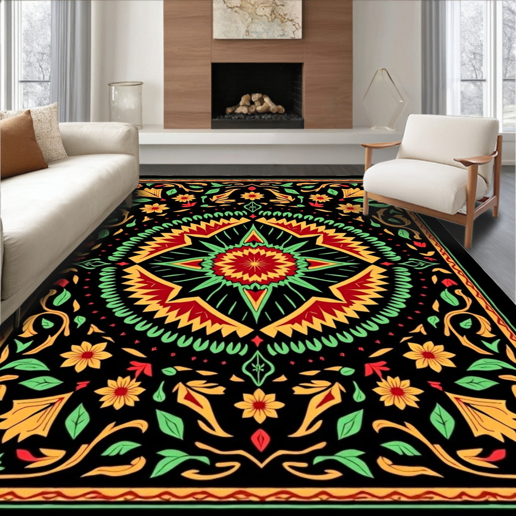 Vibrant Black Floral Sunburst Mandala Rug