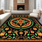 Vibrant Black Floral Sunburst Mandala Rug