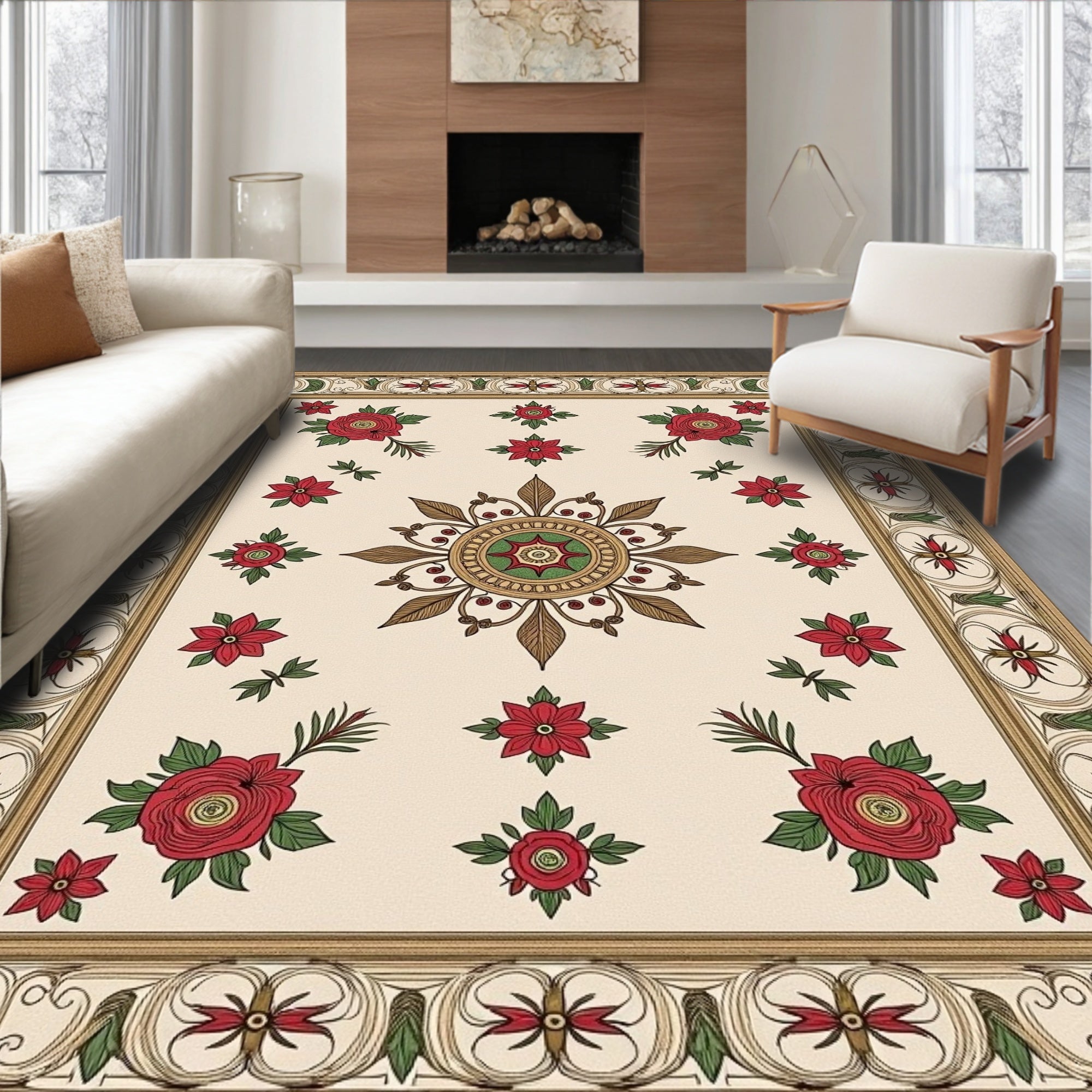 Vintage Floral Medallion Cream Rose Rug