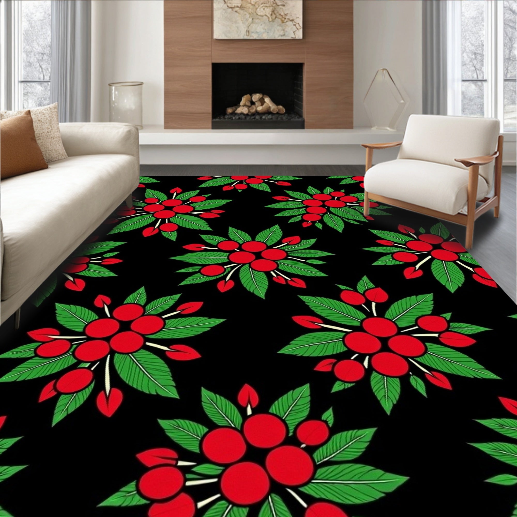 Red Berry Leaf Cluster Arrangement Rug