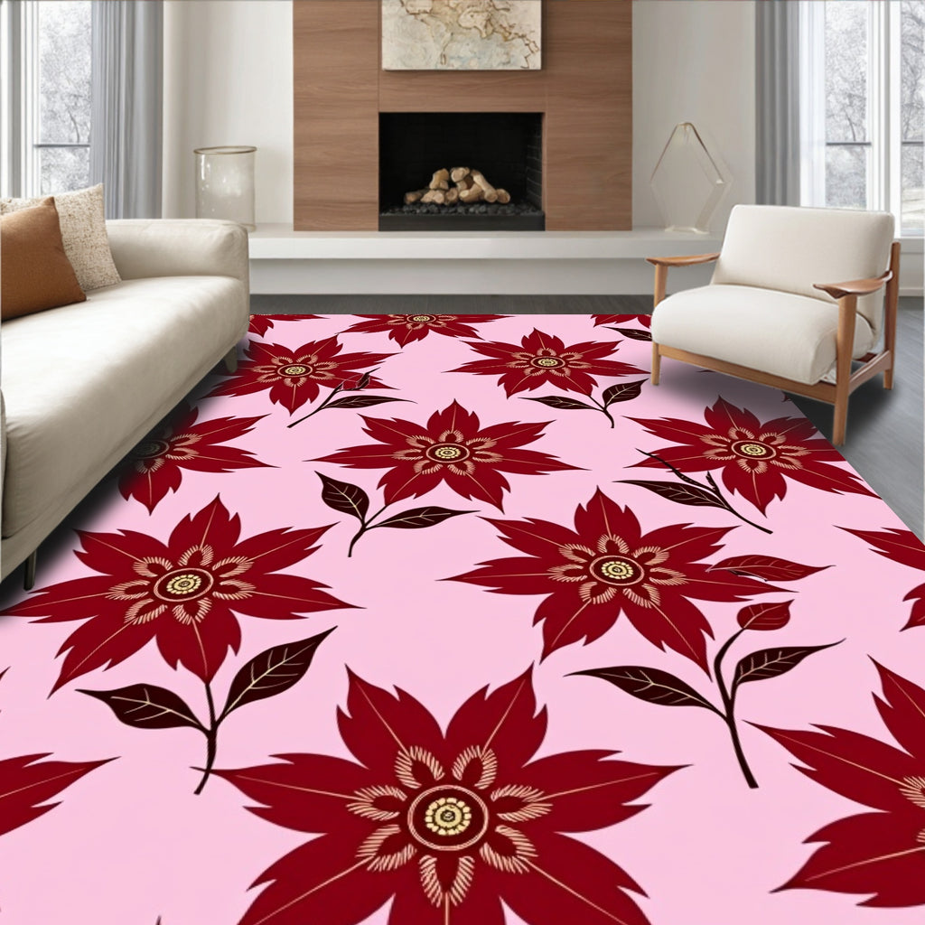 Deep Red Floral Blossom Arrangement Rug