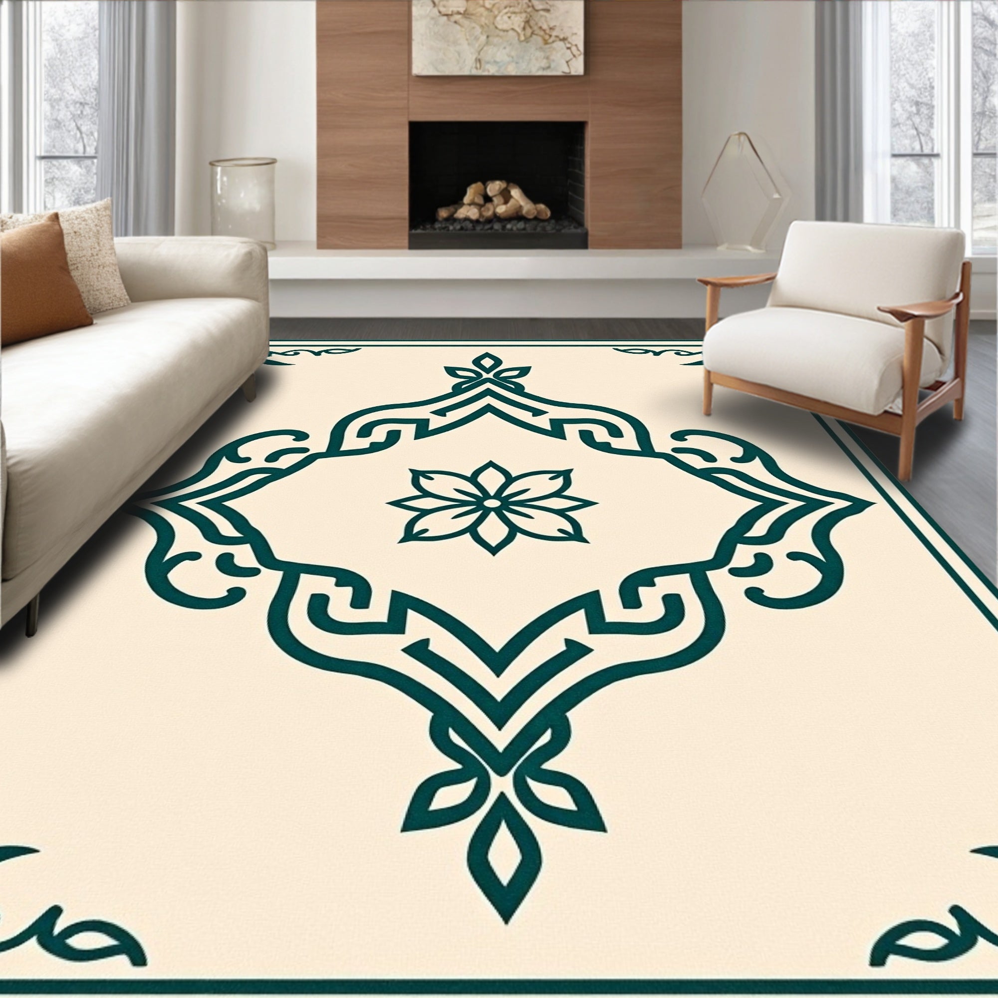 Classic Teal Medallion Floral Frame Rug