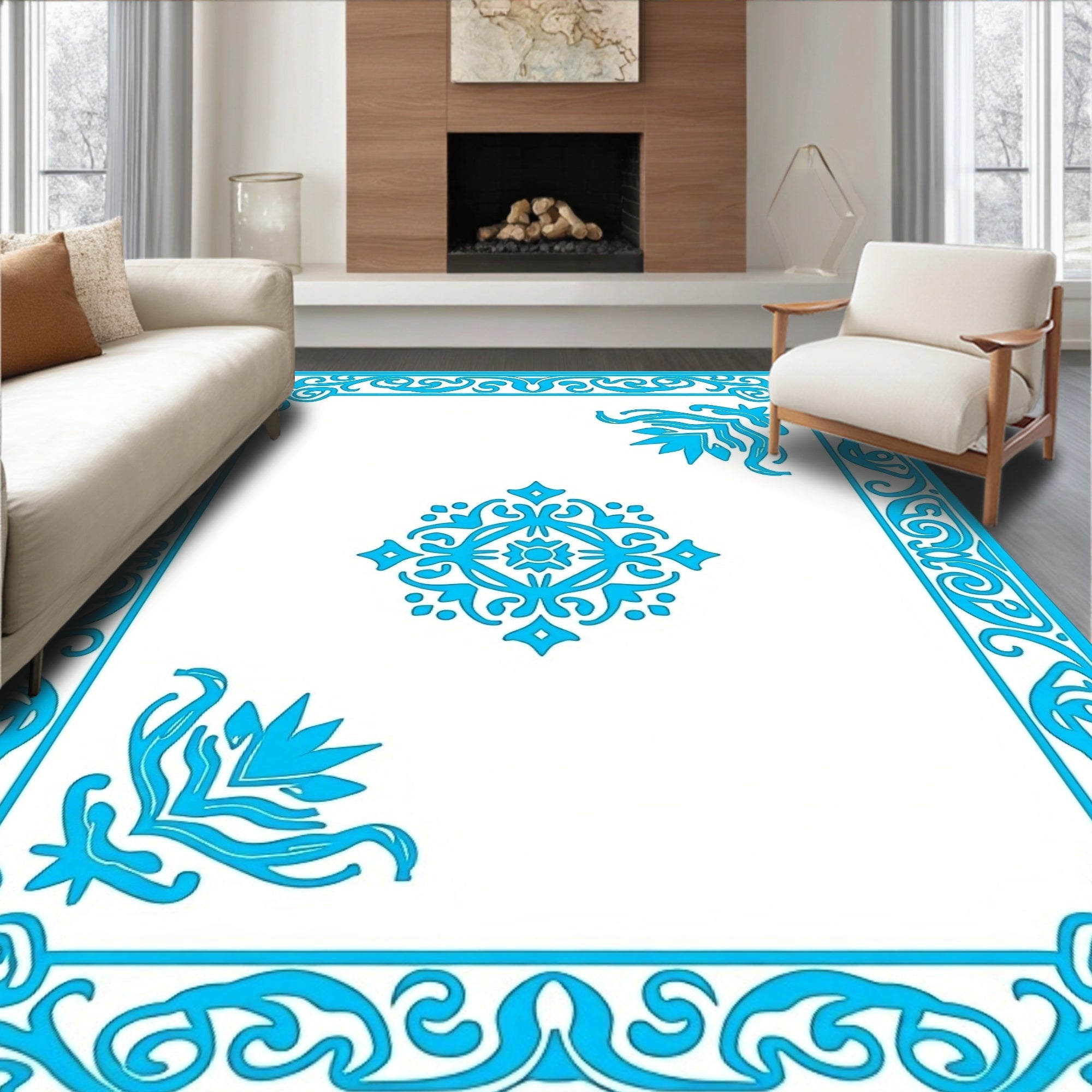Bright Blue Ornate Scrollwork Medallion Interior Rug