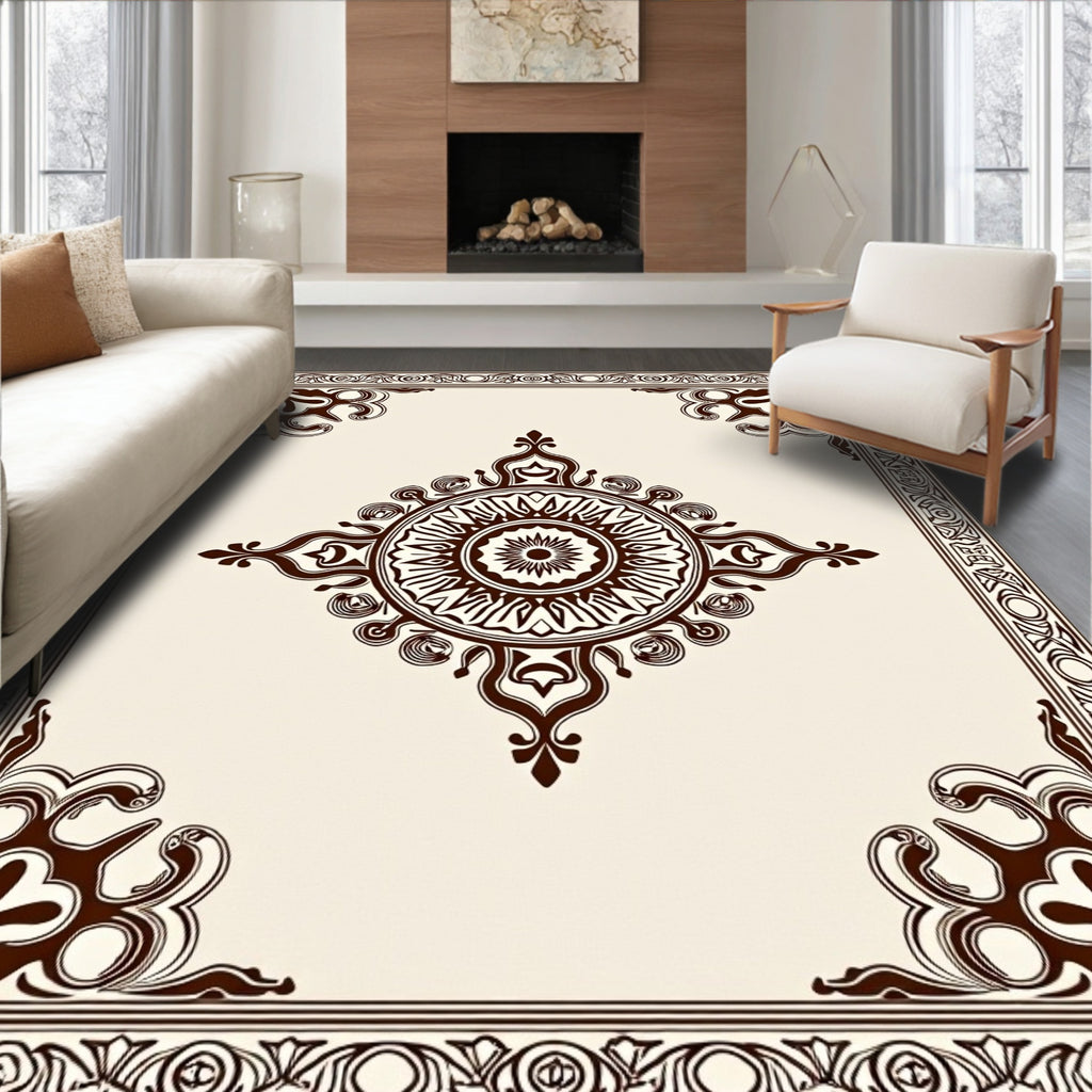 Brown Cream Medallion Border Rug