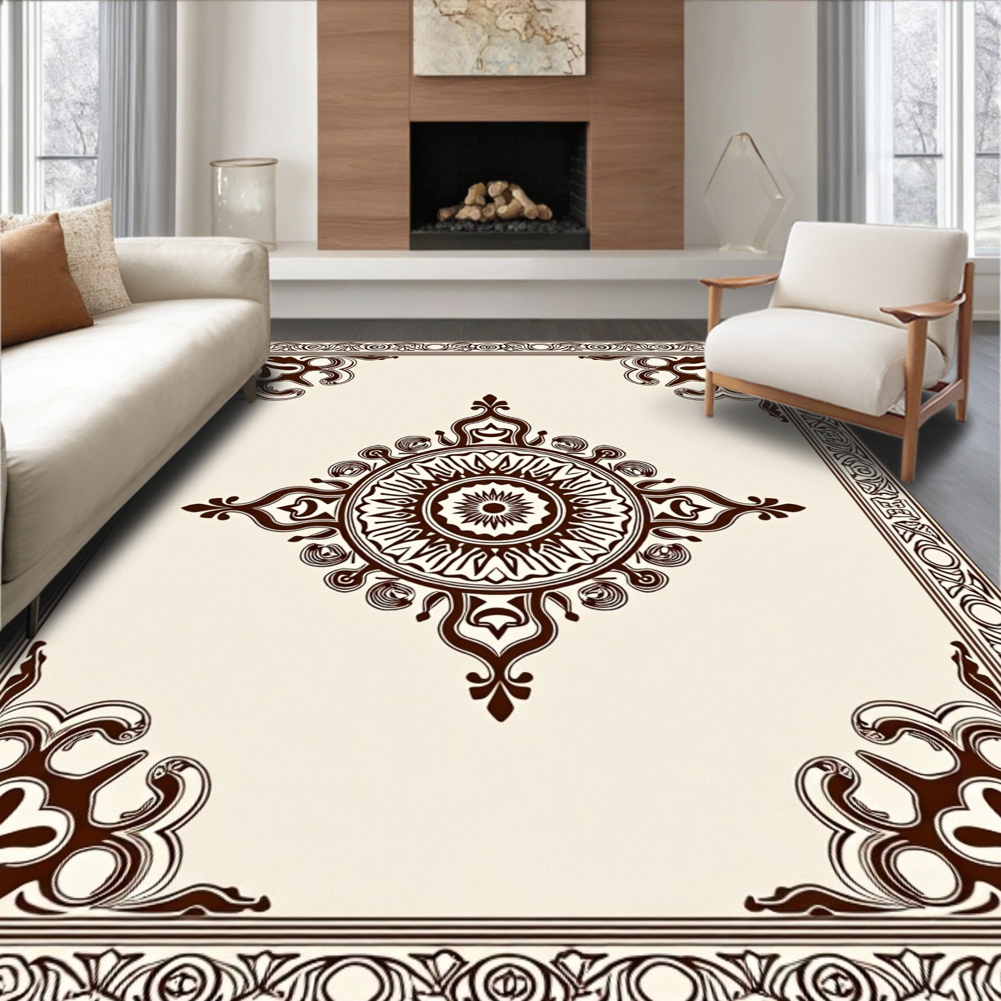 Brown Cream Medallion Border Rug