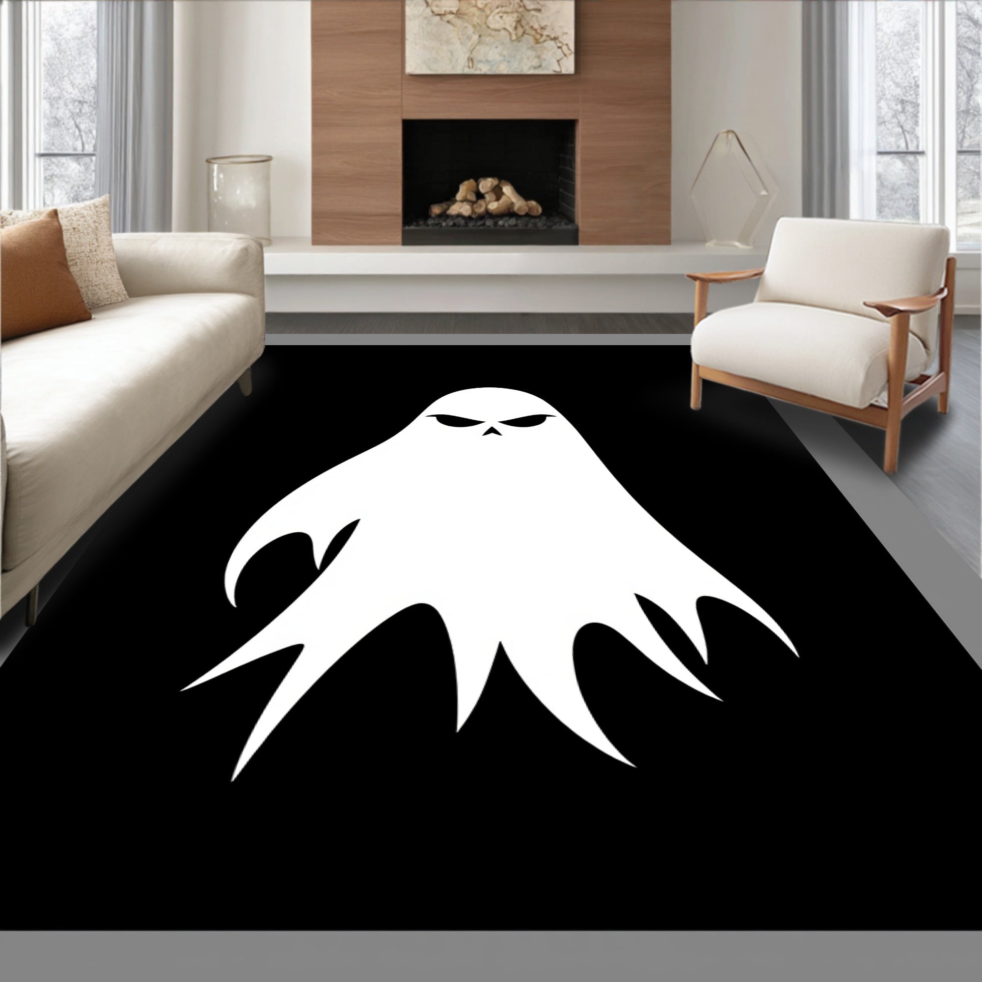 Spooky White Ghost Black Background Rug