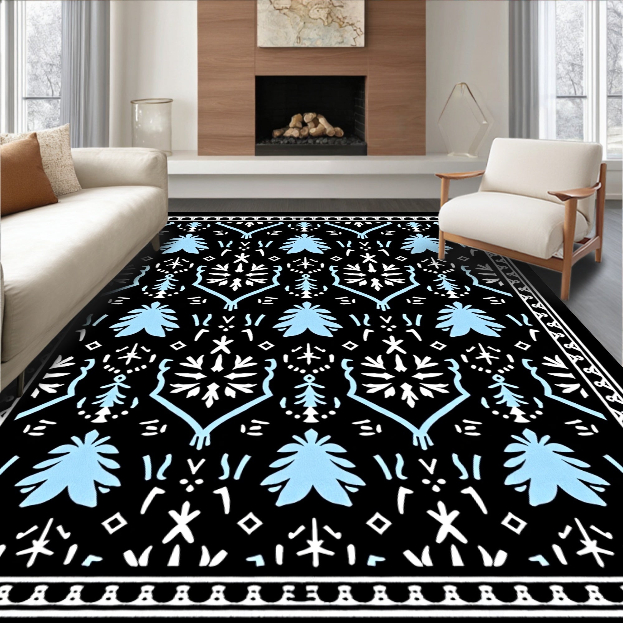 Sky Blue Geometric Folk Art Rug