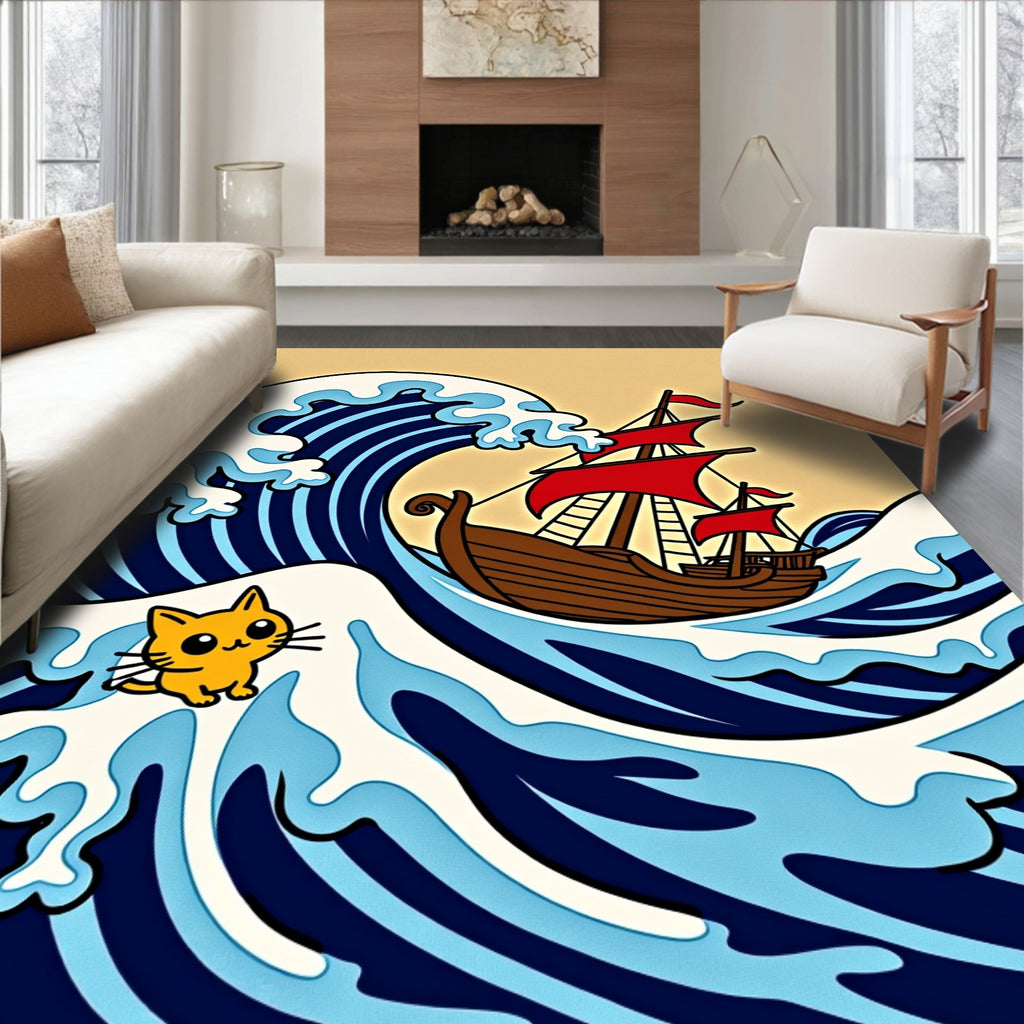 Whimsical Cat Ship Amidst Rolling Waves Rug
