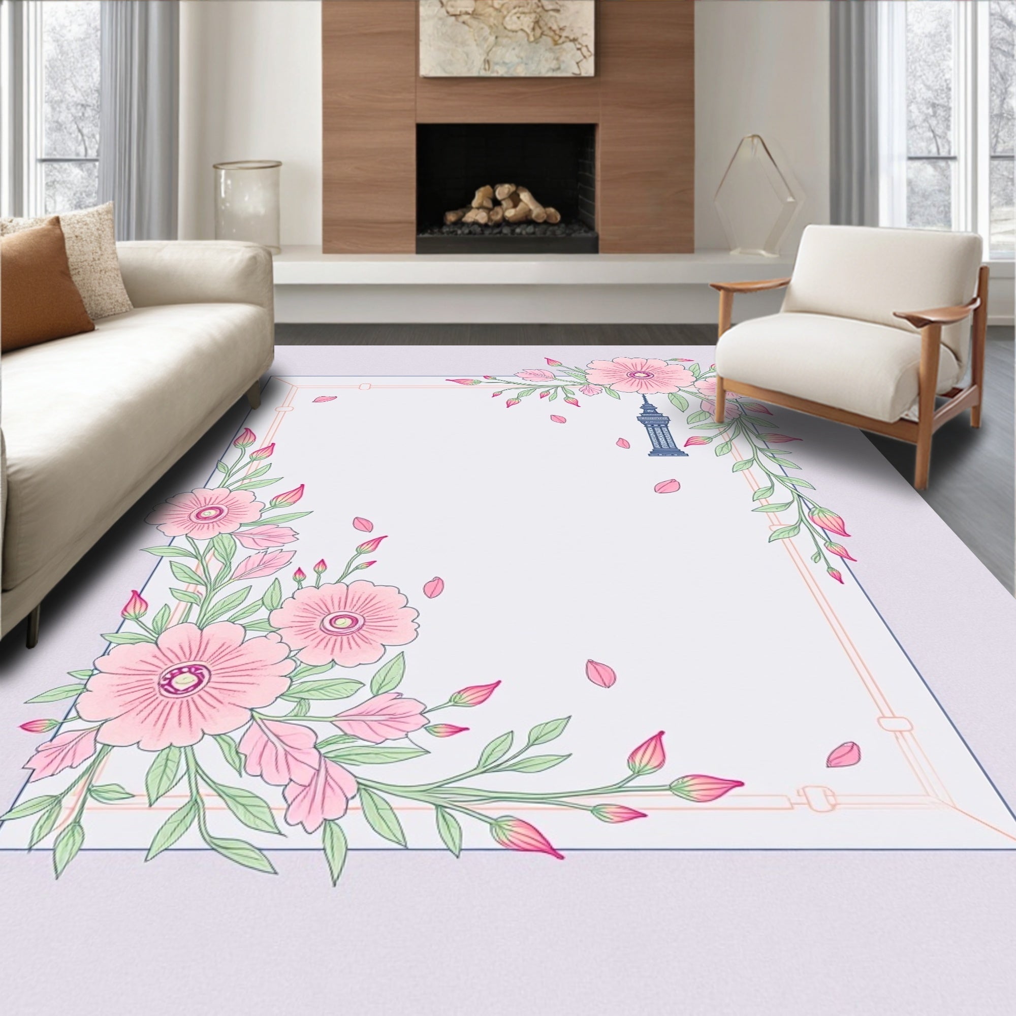 Pastel Pink Blossom Tower Border Rug