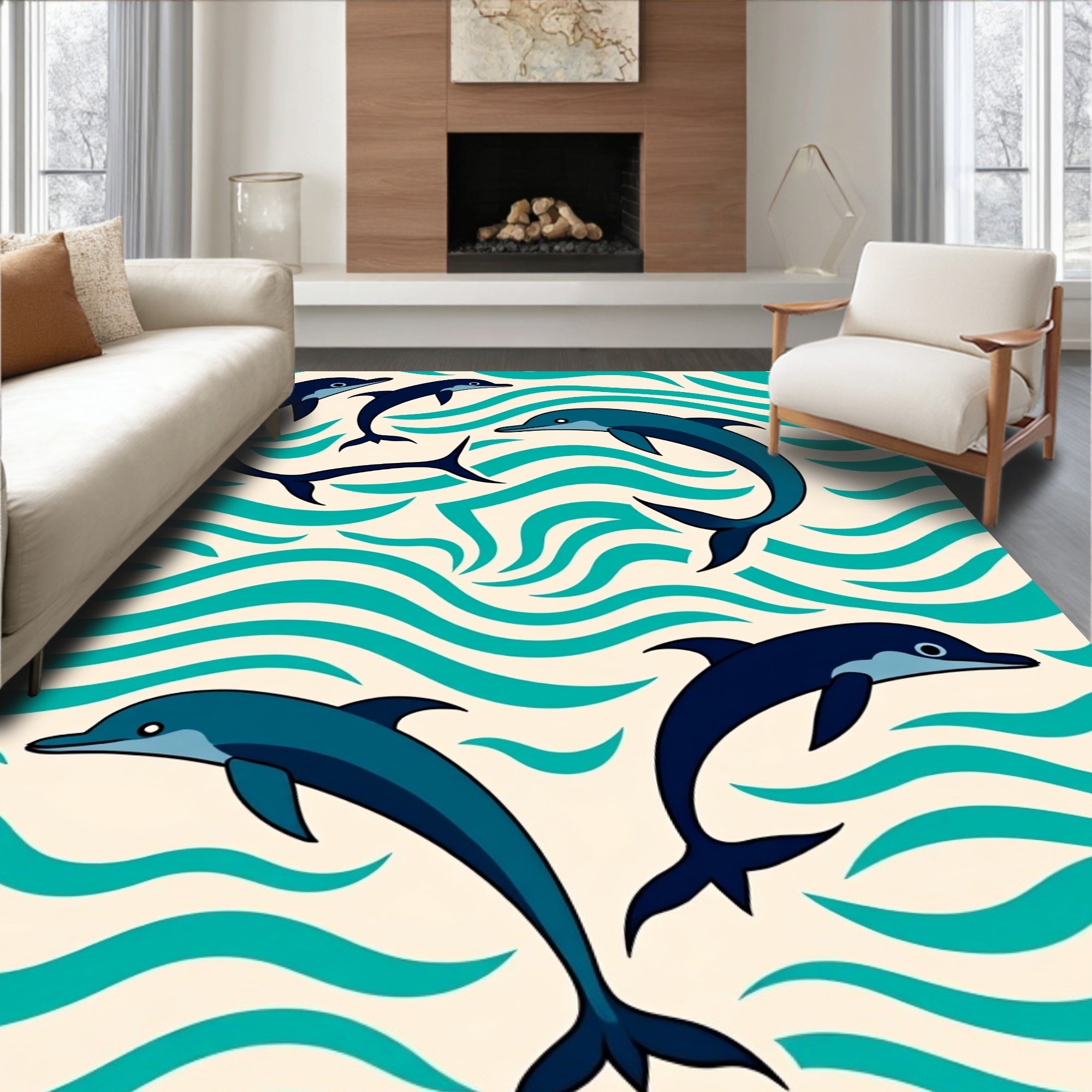 Navy Blue Dolphins Ocean Waves Rug