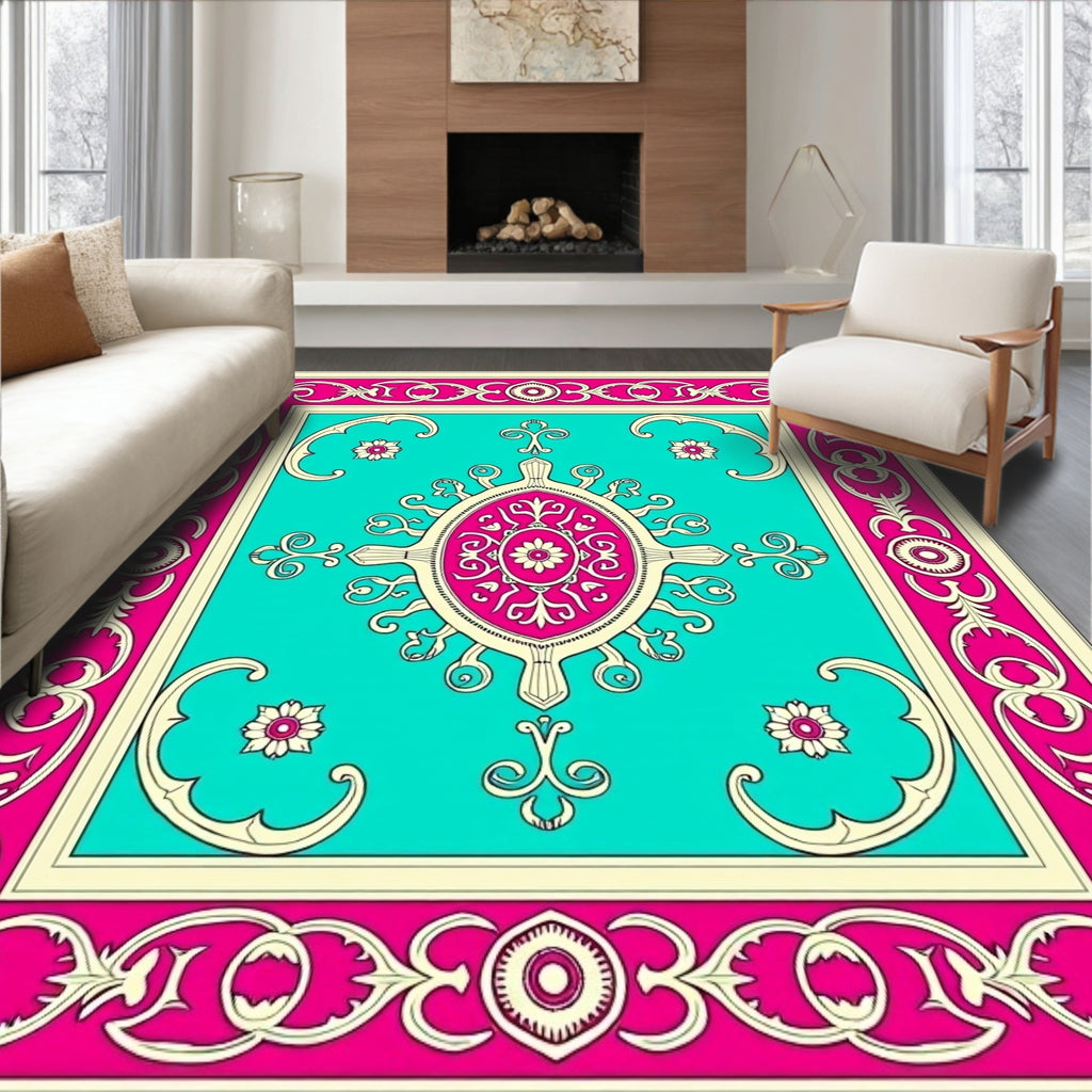 Vibrant Teal Pink Floral Medallion Rug