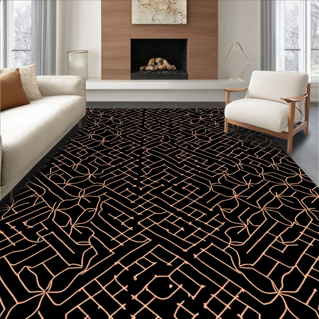 Black Coral Geometric Maze Rug