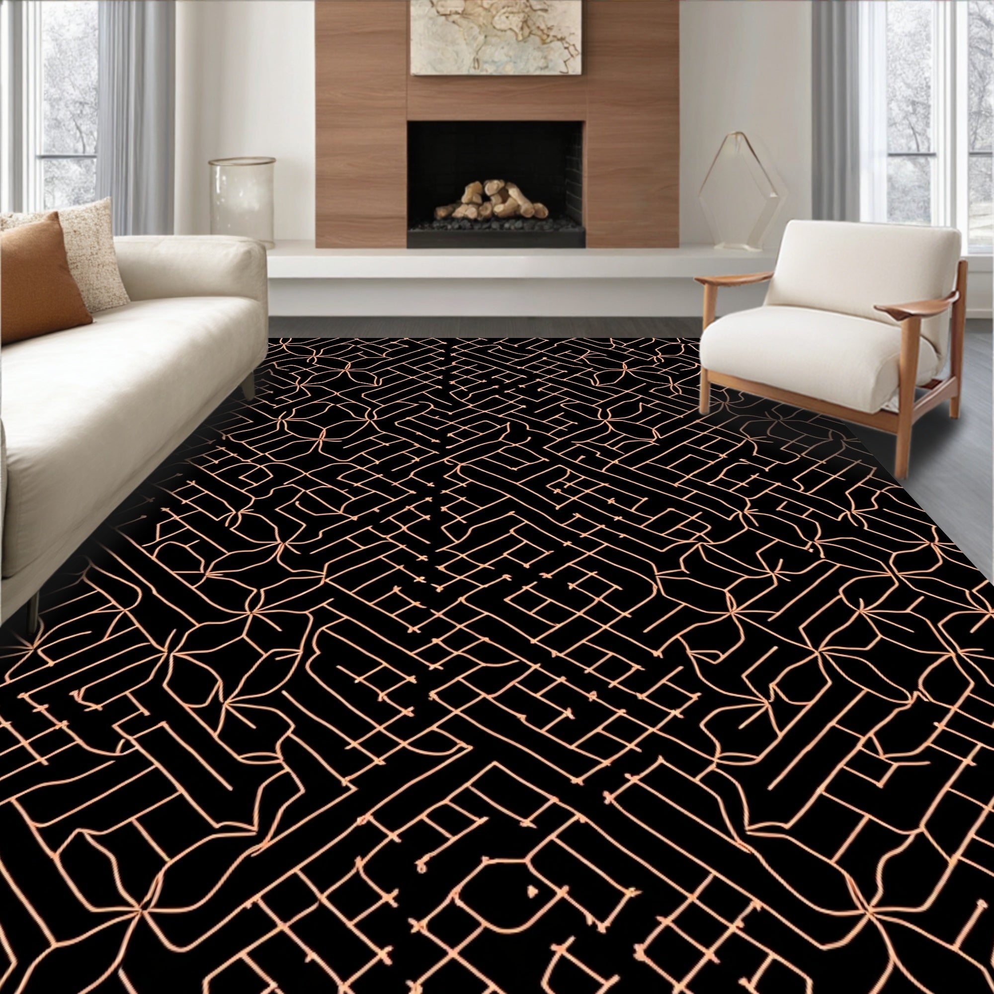 Black Coral Geometric Maze Rug