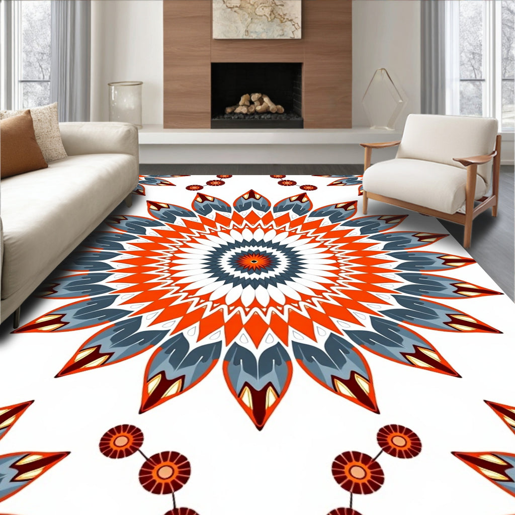 Vibrant Orange Blue Petal Mandala Rug