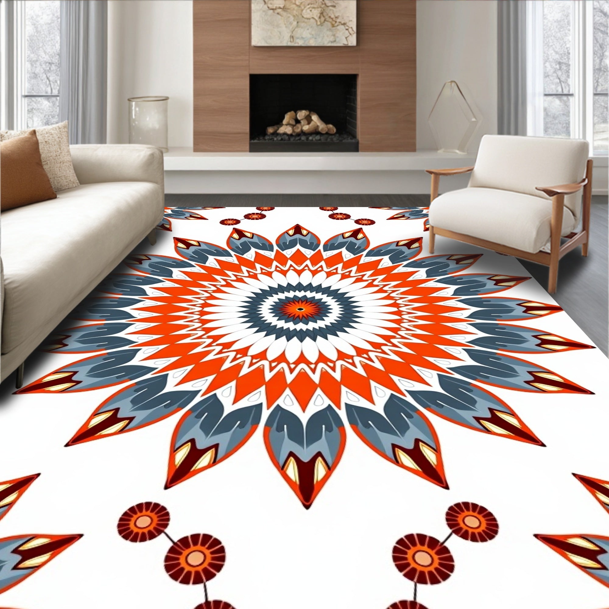 Vibrant Orange Blue Petal Mandala Rug