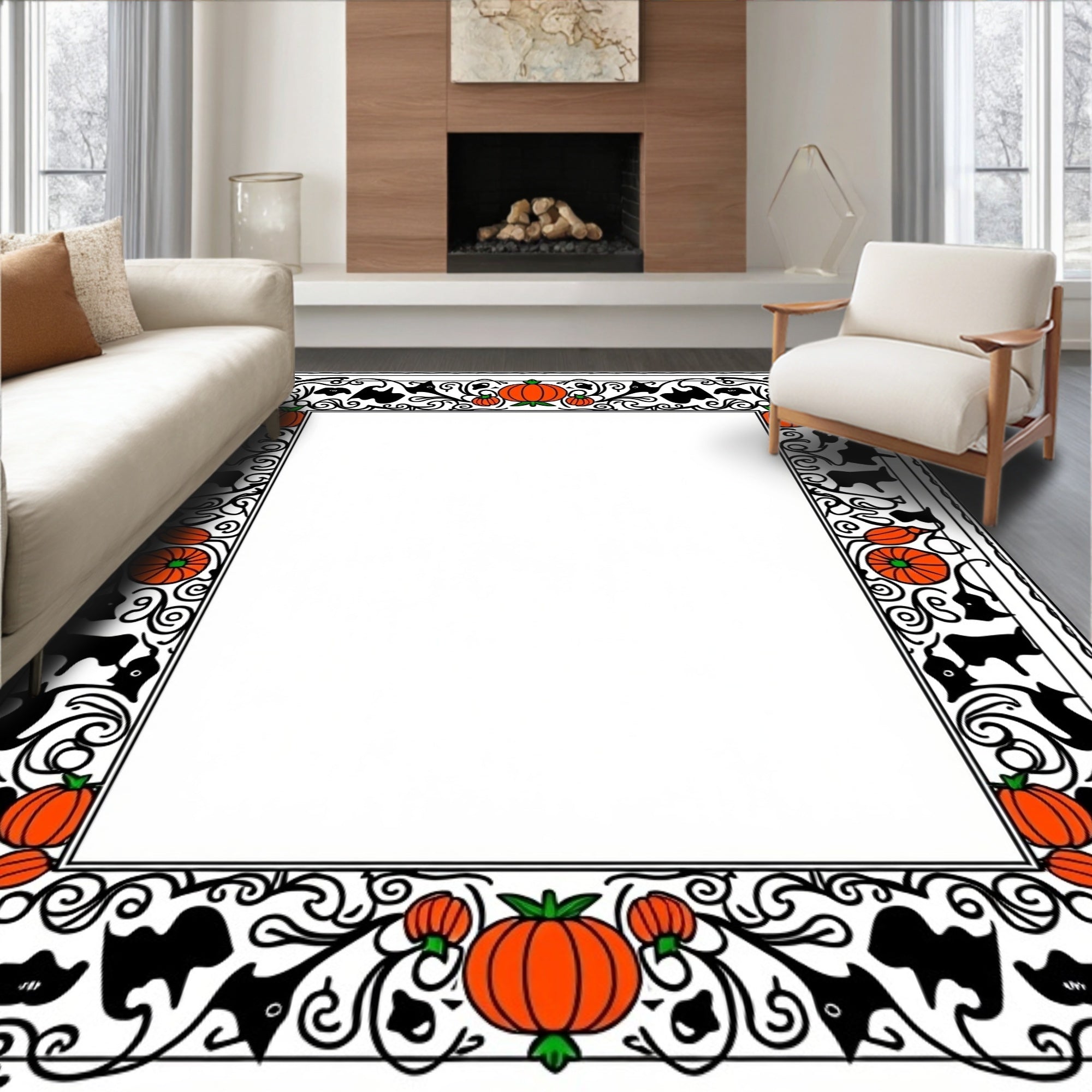 Orange Pumpkin Bat Swirl Border Rug