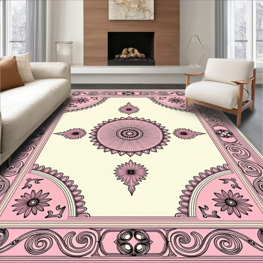 Pink Cream Floral Medallion Border Rug