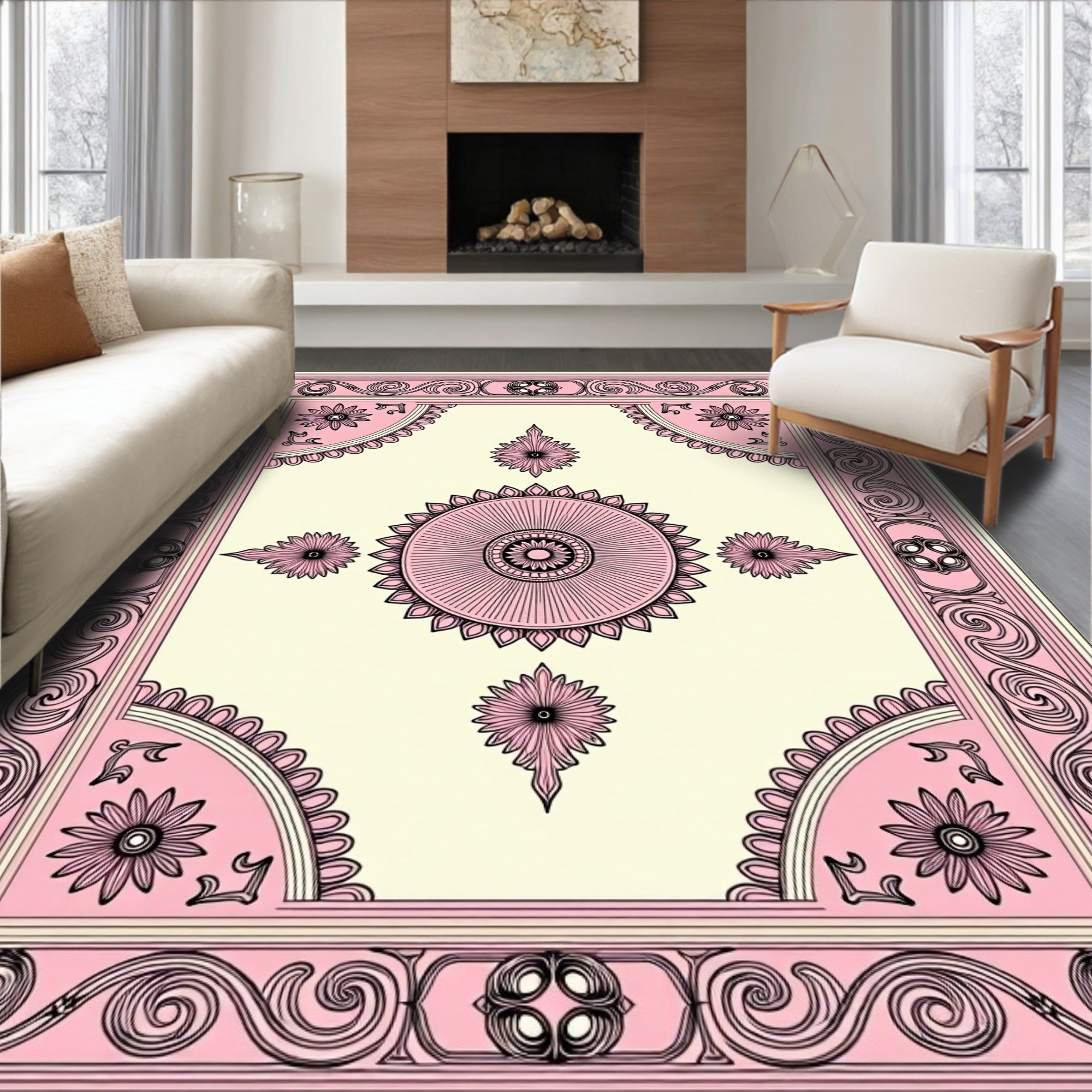 Pink Cream Floral Medallion Border Rug