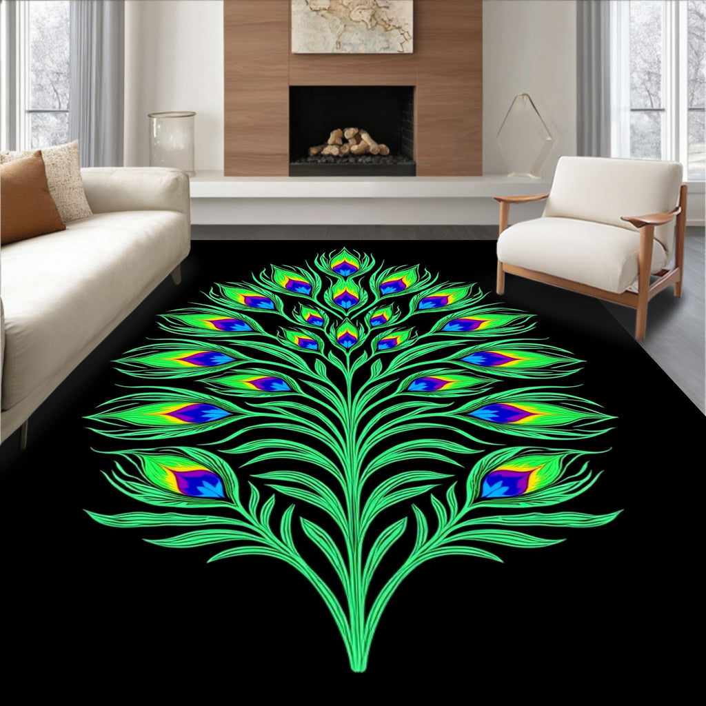 Vibrant Emerald Peacock Feather Bloom Rug
