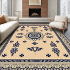 Navy Blue Floral Medallion Tan Rug