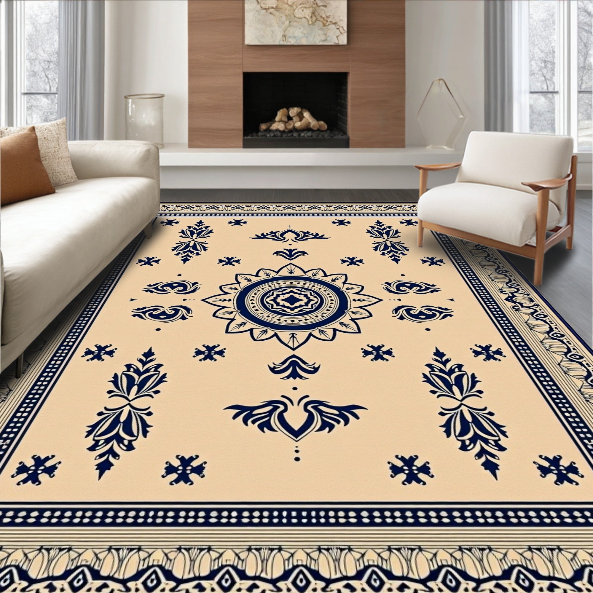 Navy Blue Floral Medallion Tan Rug