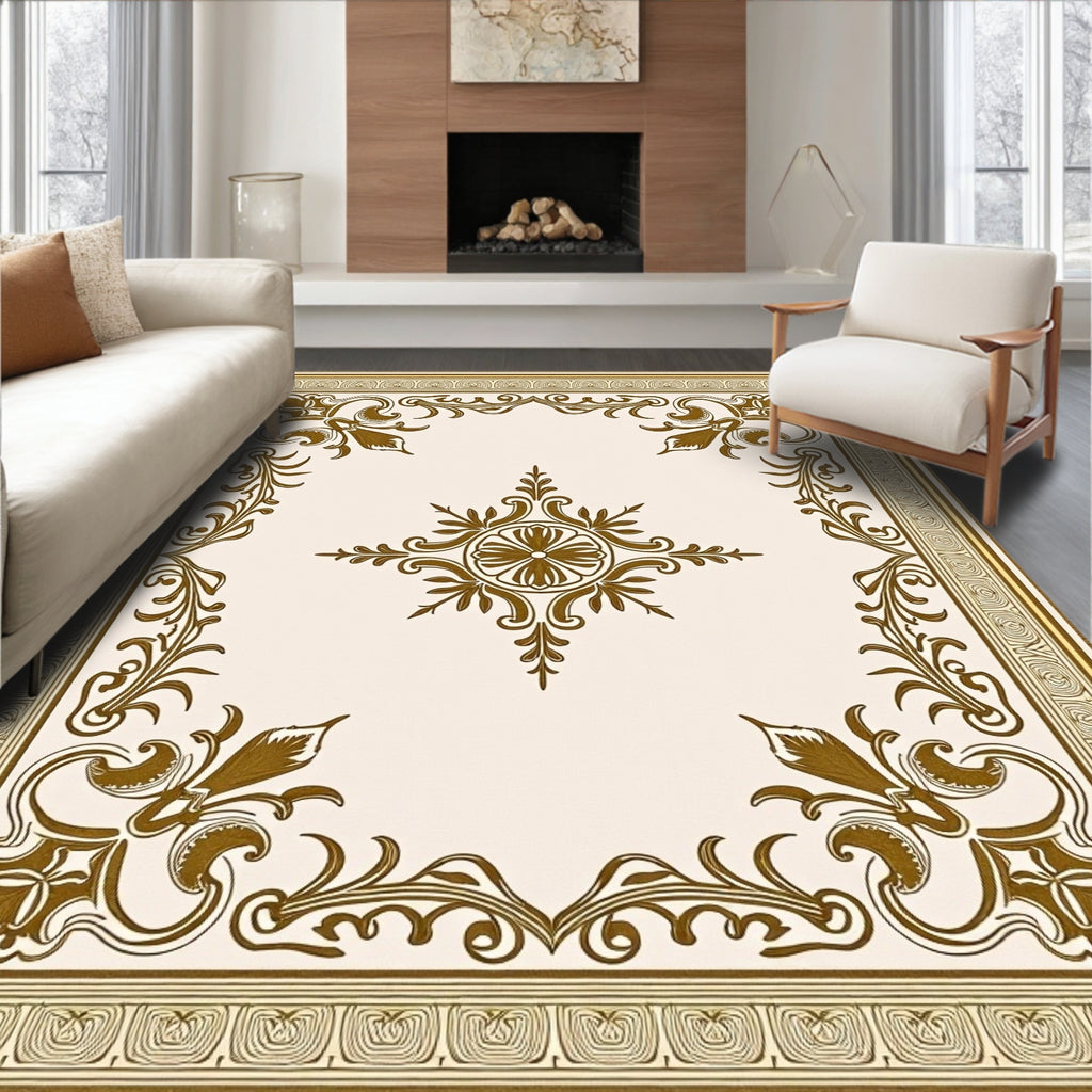 Golden Scrollwork Floral Centerpiece Rug