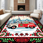Retro Christmas Van Snowy Mountain Scene Rug
