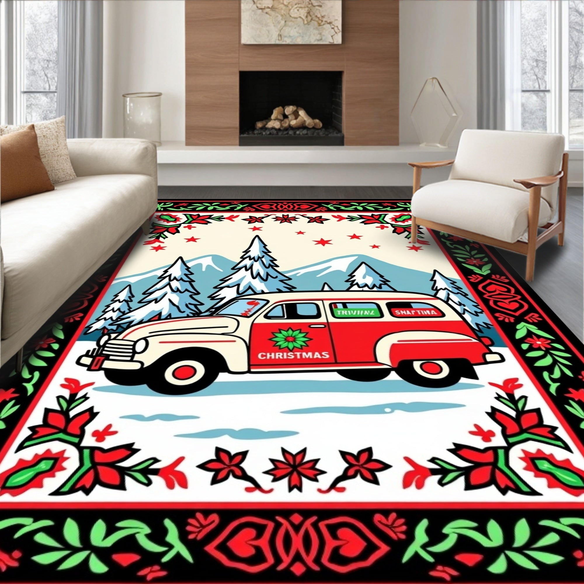 Retro Christmas Van Snowy Mountain Scene Rug