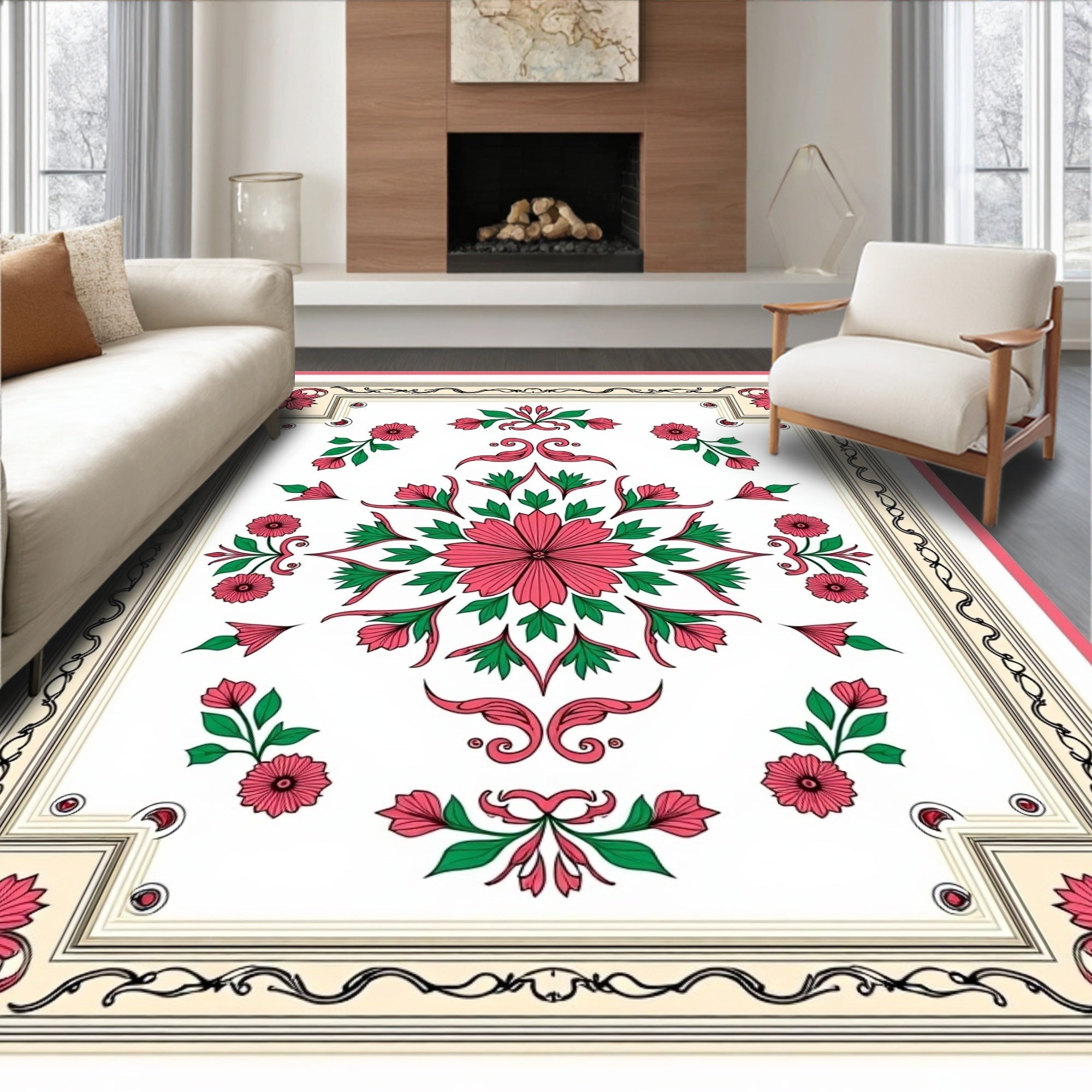Pink Floral Medallion With Green Accents Rug