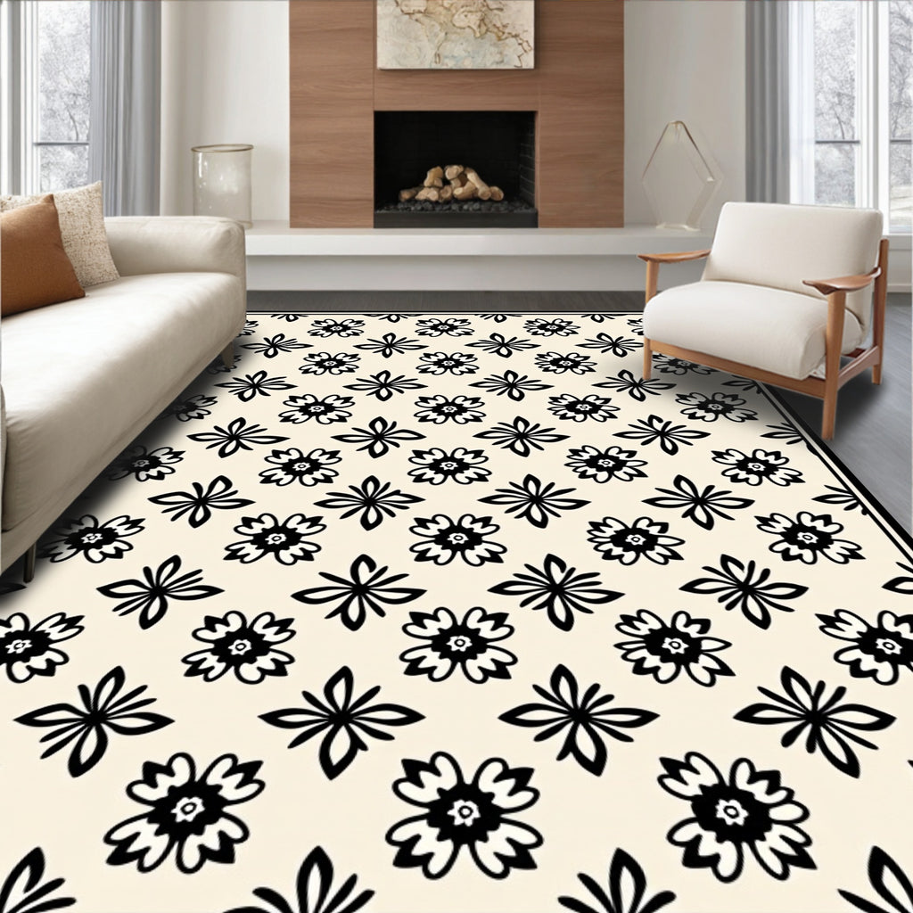 Cream Black Floral Starburst Arrangement Rug