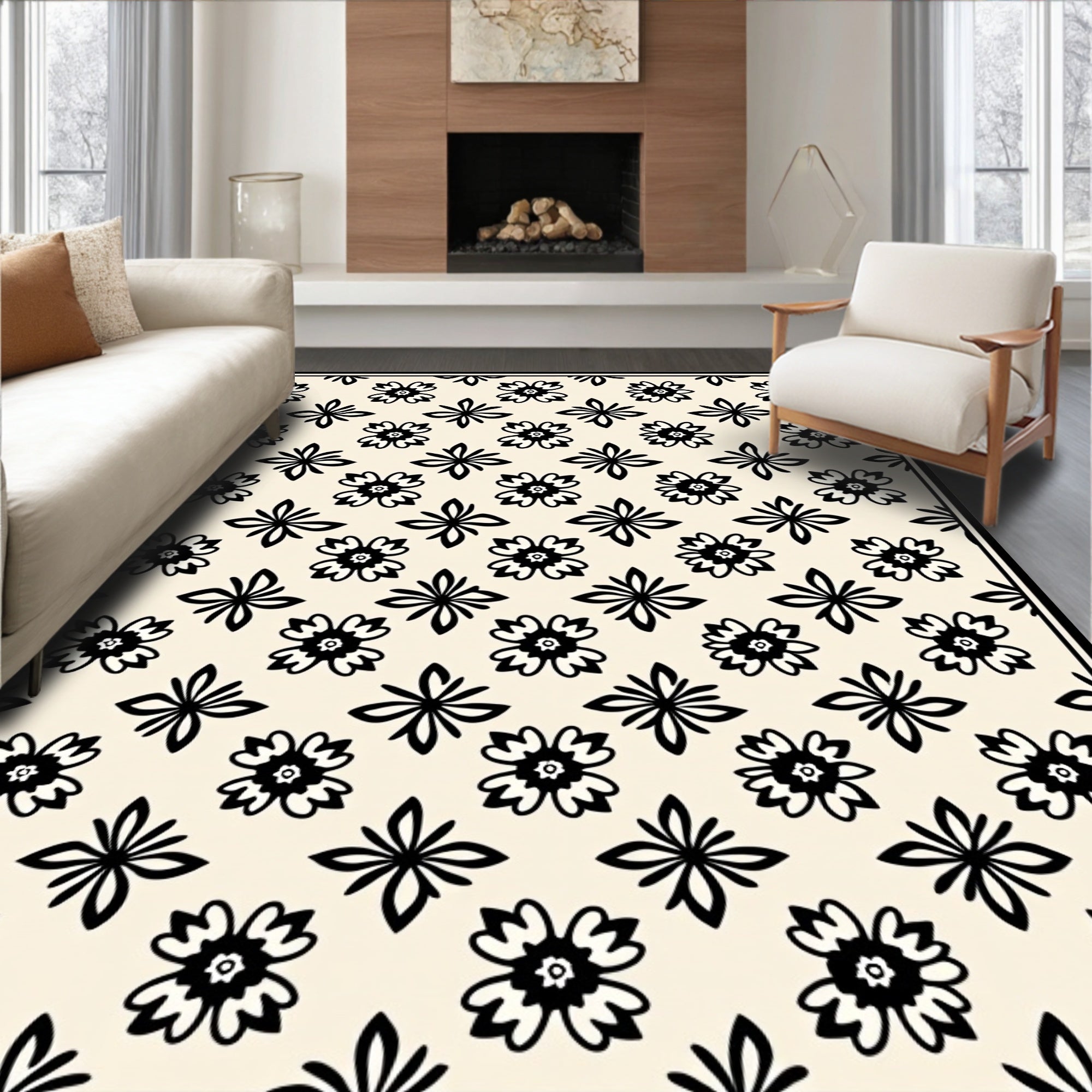 Cream Black Floral Starburst Arrangement Rug