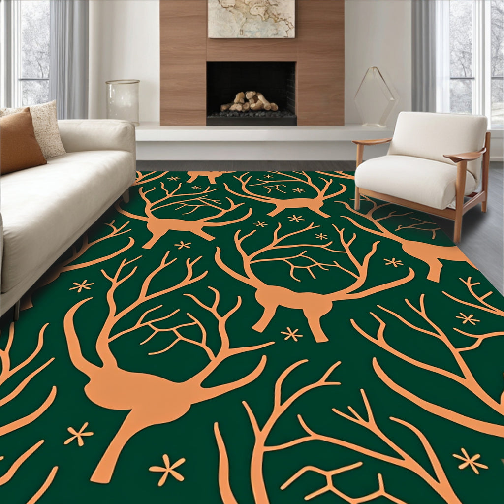 Whimsical Teal Antler Woodland Creatures Rug