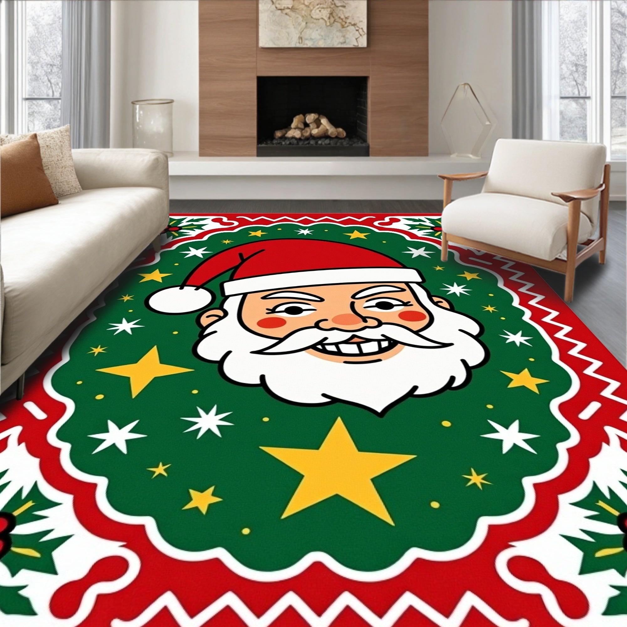 Jolly Santa Claus Stars Holly Border Rug