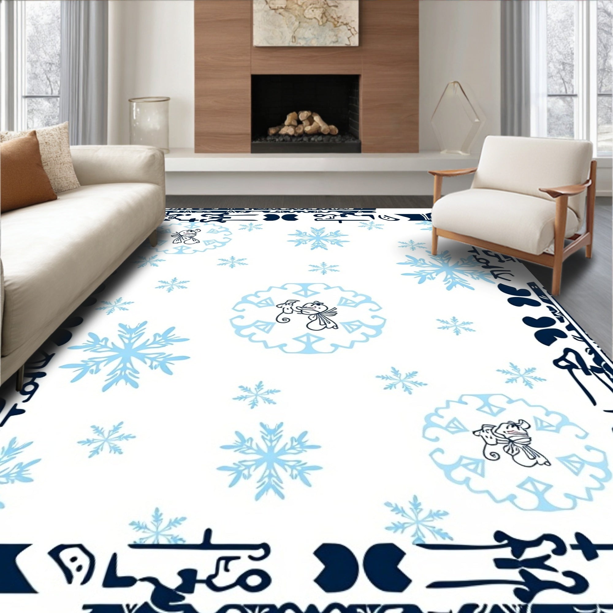 Whimsical Snowman Snowflake Winter Border Rug