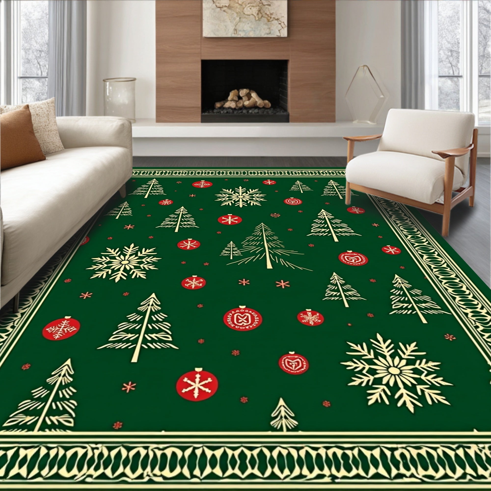 Festive Green Christmas Tree Ornament Snowflake Rug