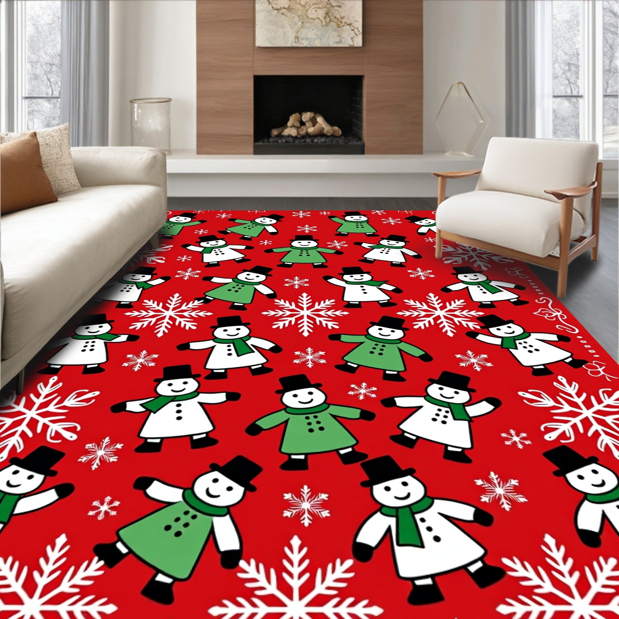 Red Snowmen With Green Coats Rug