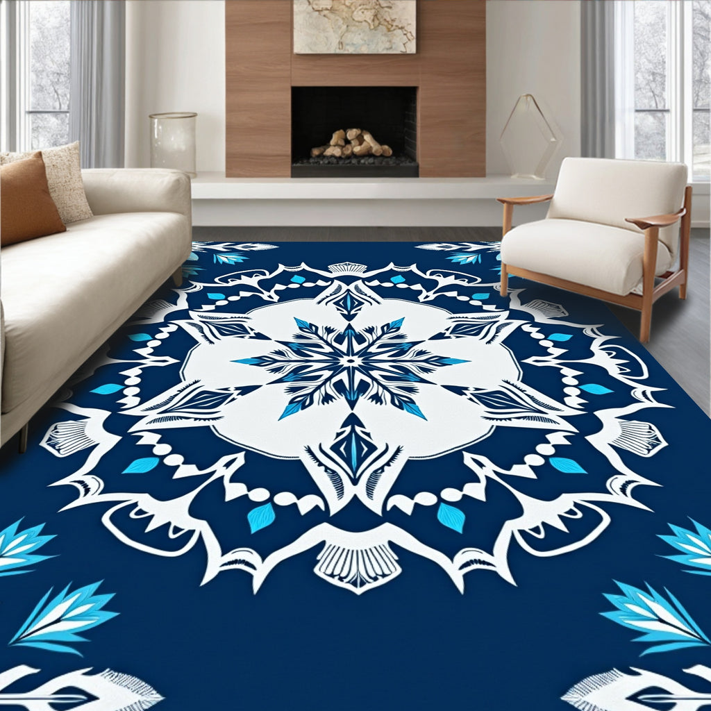 Midnight Blue White Mandala Flower Art Rug