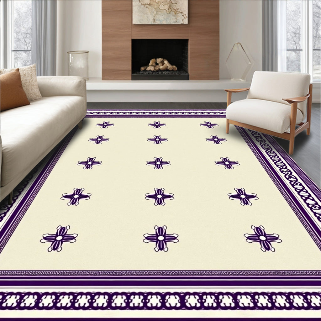 Cream Purple Floral Scroll Border Rug