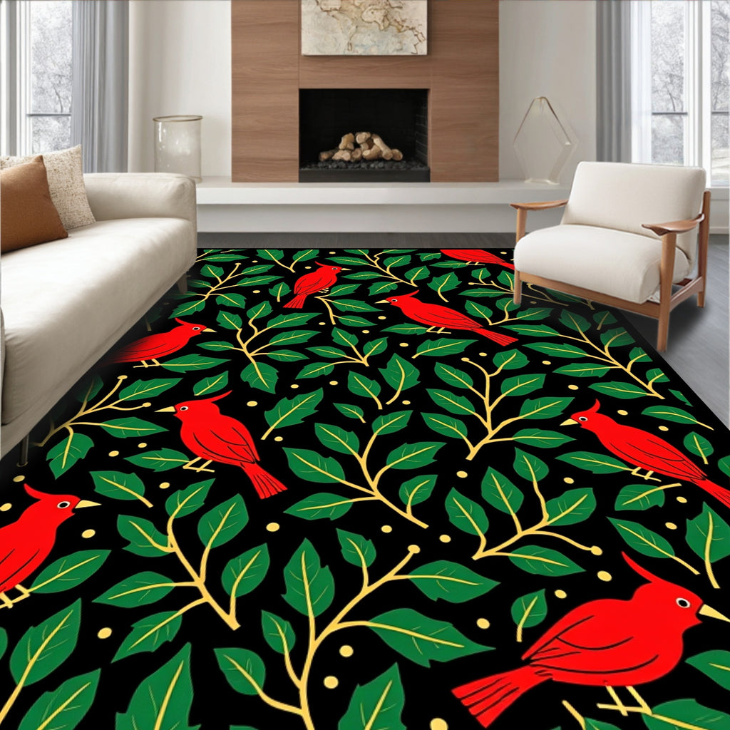 Red Cardinal Green Leaf Botanical Black Rug