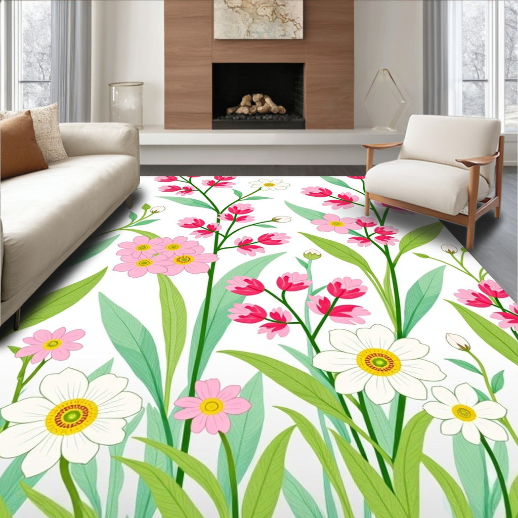 Pink White Floral Garden Meadow Rug