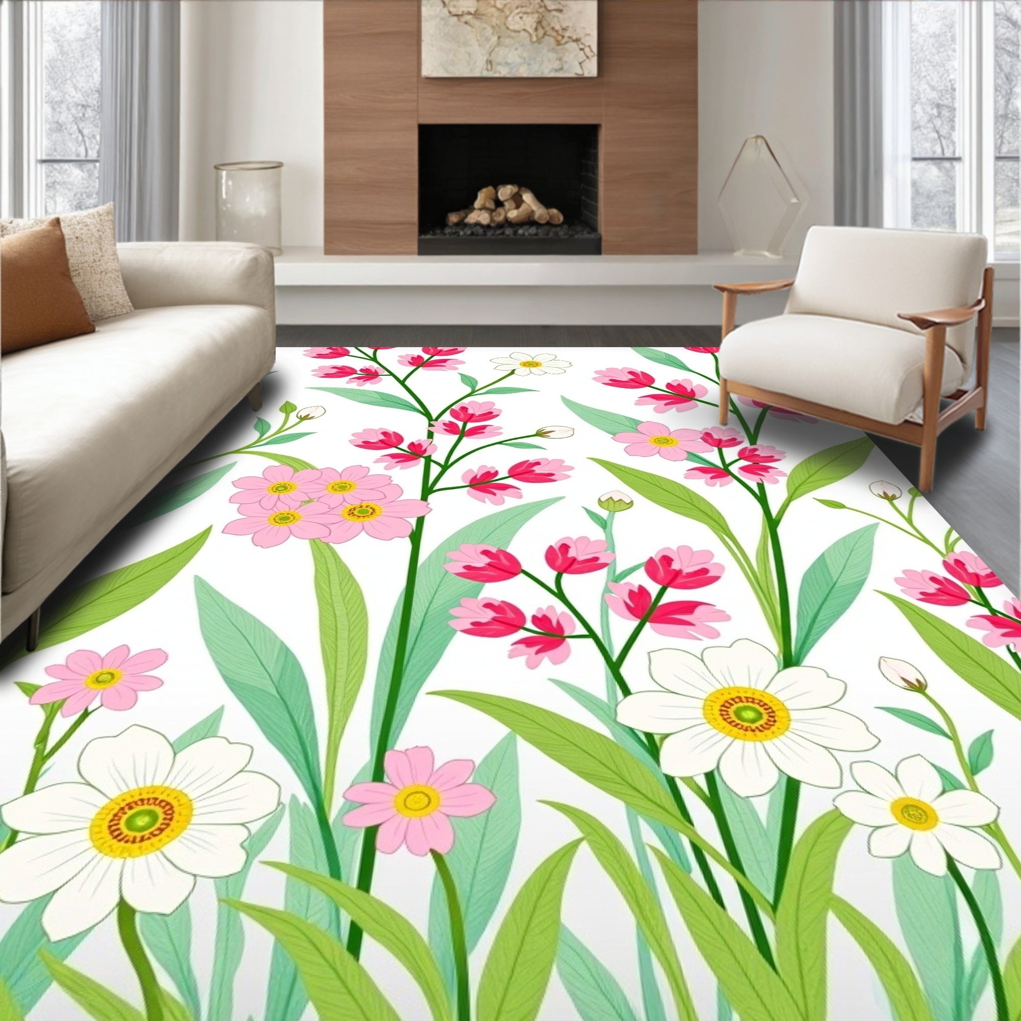 Pink White Floral Garden Meadow Rug