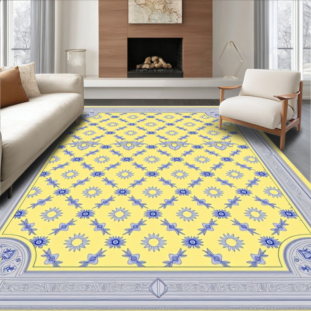 Yellow Blue Floral Lattice Border Rug