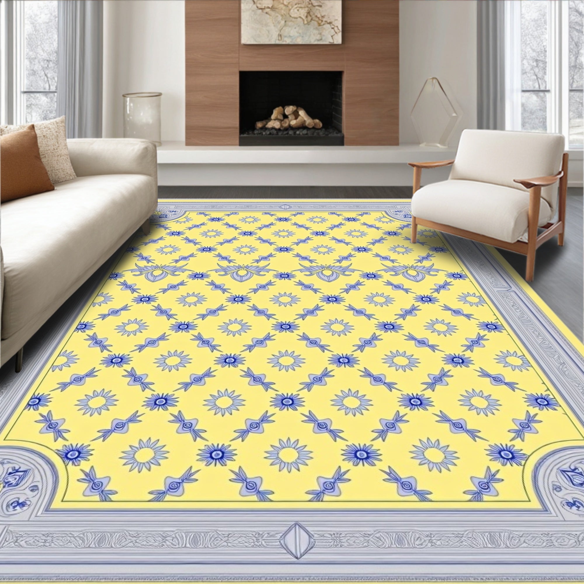 Yellow Blue Floral Lattice Border Rug