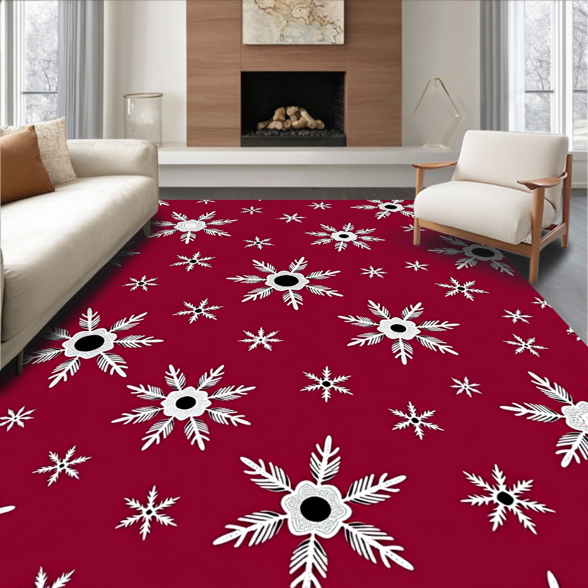 Deep Red White Snowflake Bloom Rug