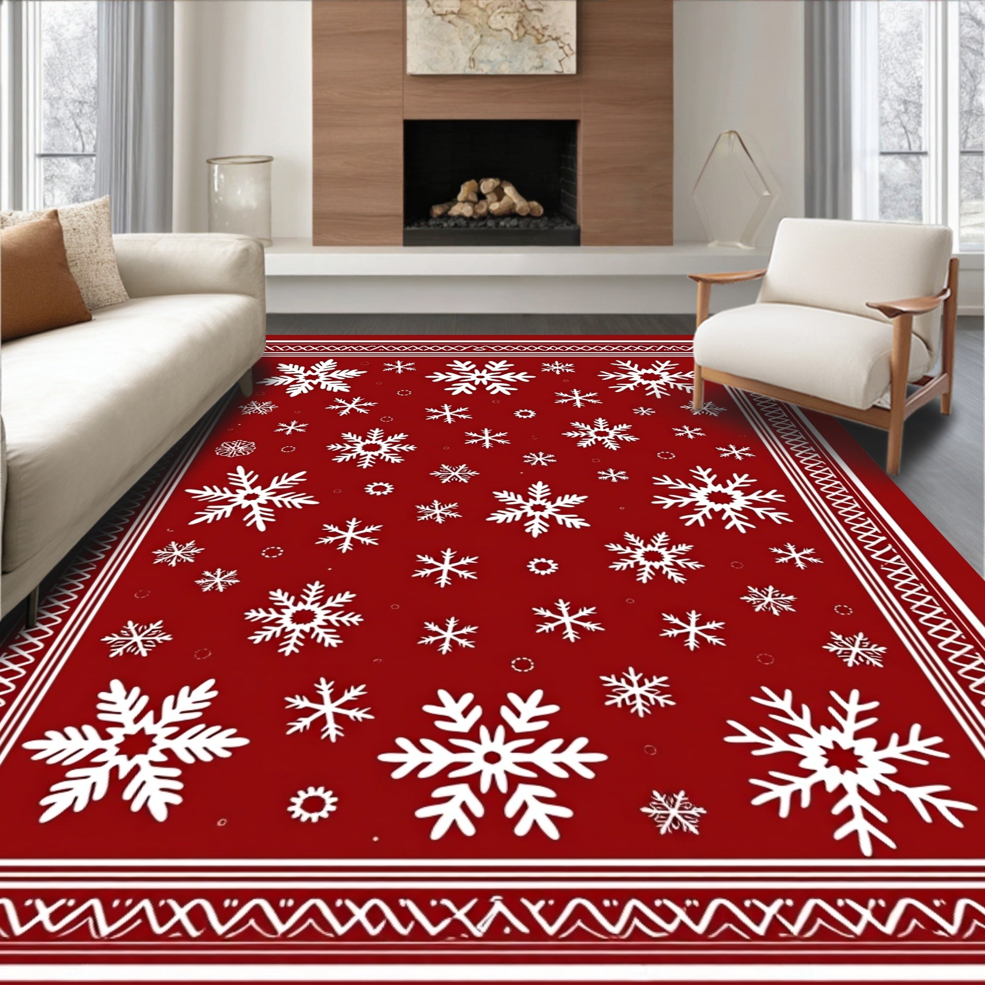 Festive Red Snowflake Winter Wonderland Rug