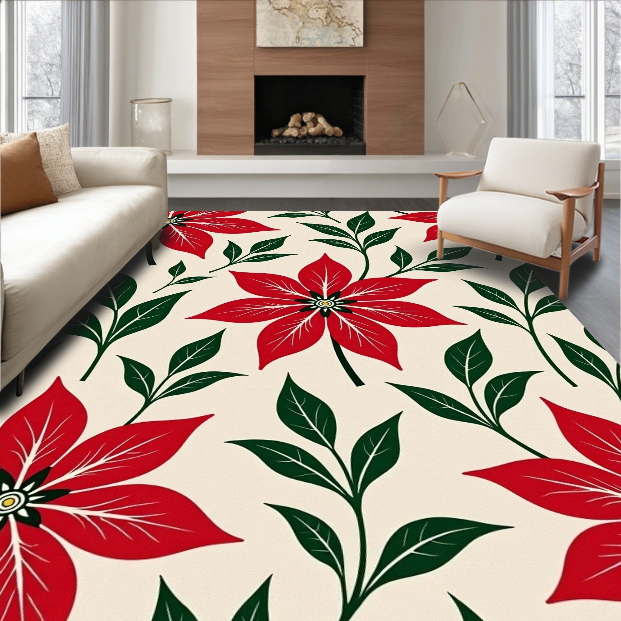 Red Poinsettia Floral Branch Arrangement Rug