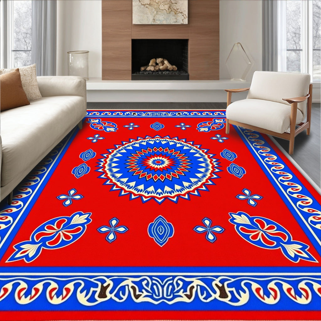 Crimson Blue Radiant Starburst Medallion Rug